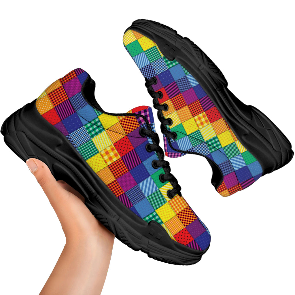 Rainbow Patchwork Pattern Print Black Chunky Shoes