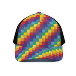 Rainbow Patchwork Pattern Print Black Mesh Trucker Cap