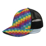 Rainbow Patchwork Pattern Print Black Mesh Trucker Cap