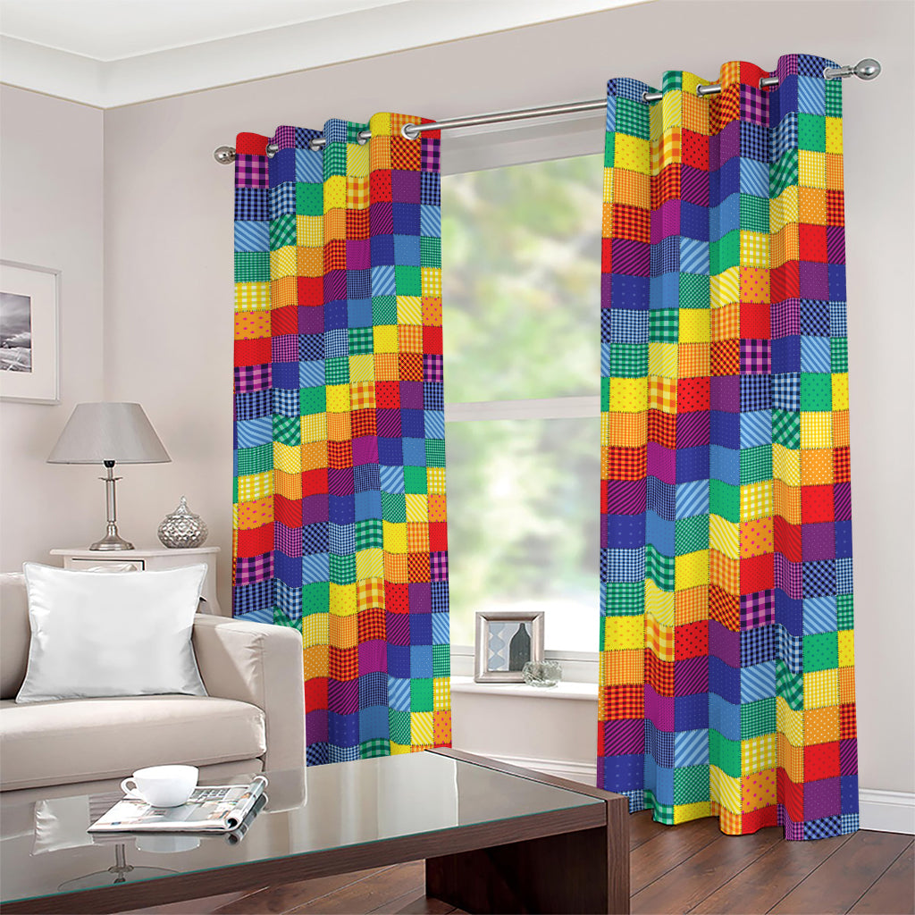 Rainbow Patchwork Pattern Print Blackout Grommet Curtains