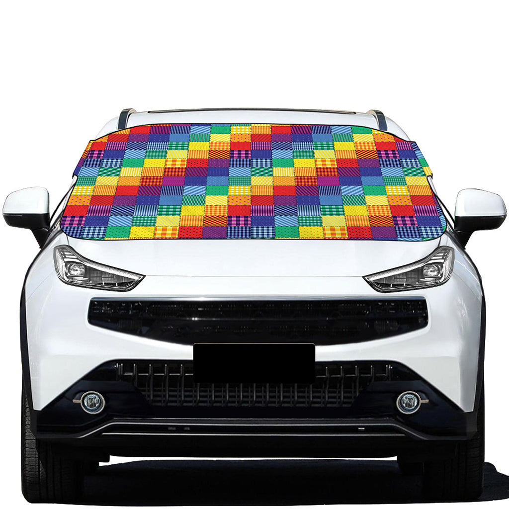 Rainbow Patchwork Pattern Print Car Windshield Snow Cover