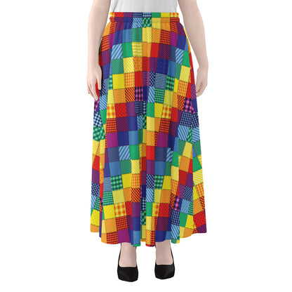 Rainbow Patchwork Pattern Print Chiffon Maxi Skirt