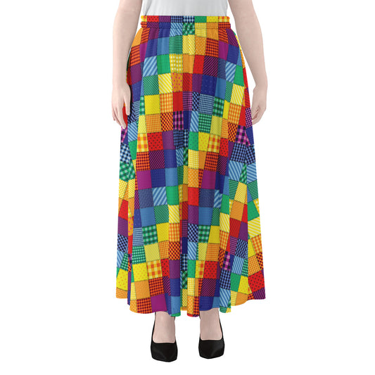 Rainbow Patchwork Pattern Print Chiffon Maxi Skirt