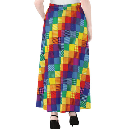 Rainbow Patchwork Pattern Print Chiffon Maxi Skirt