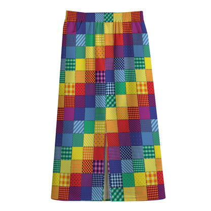 Rainbow Patchwork Pattern Print Cotton Front Slit Maxi Skirt