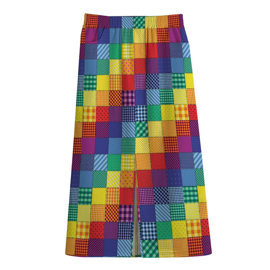 Rainbow Patchwork Pattern Print Cotton Front Slit Maxi Skirt