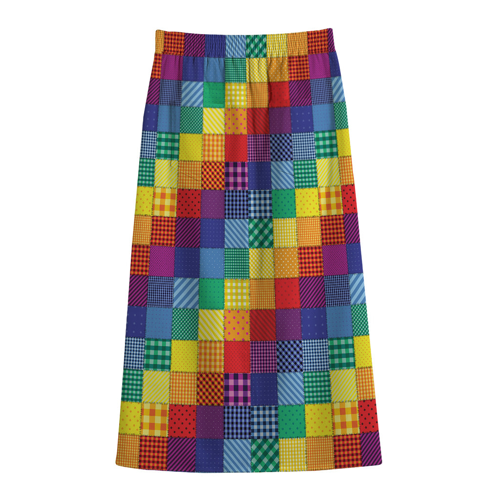 Rainbow Patchwork Pattern Print Cotton Front Slit Maxi Skirt