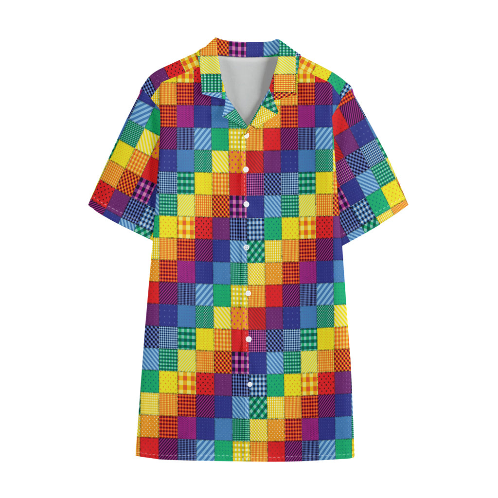 Rainbow Patchwork Pattern Print Cotton Hawaiian Shirt