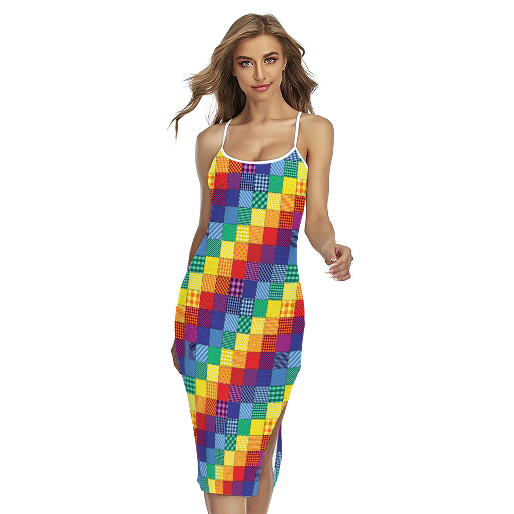 Rainbow Patchwork Pattern Print Cross Back Cami Dress