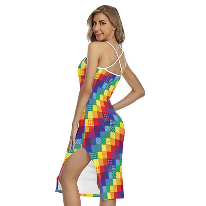 Rainbow Patchwork Pattern Print Cross Back Cami Dress