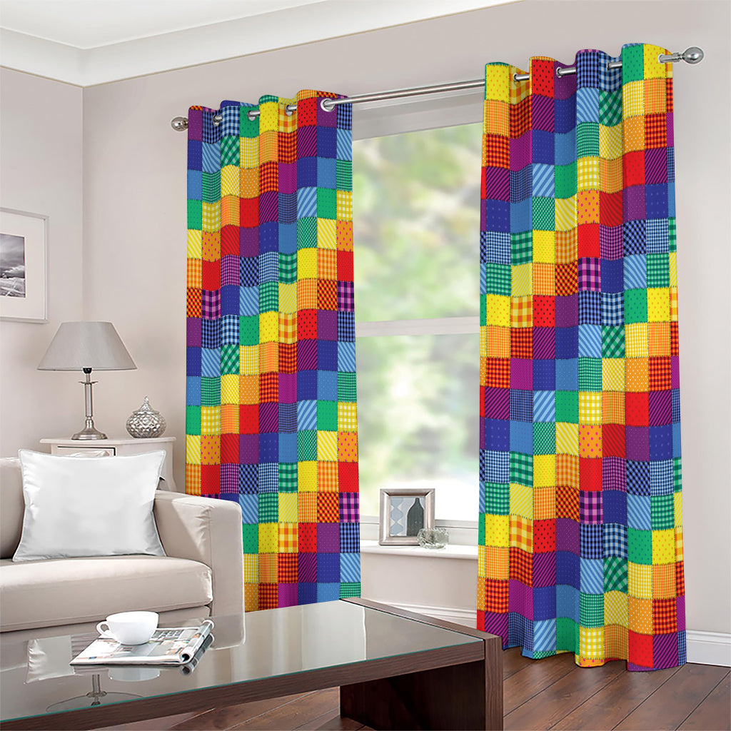 Rainbow Patchwork Pattern Print Extra Wide Grommet Curtains