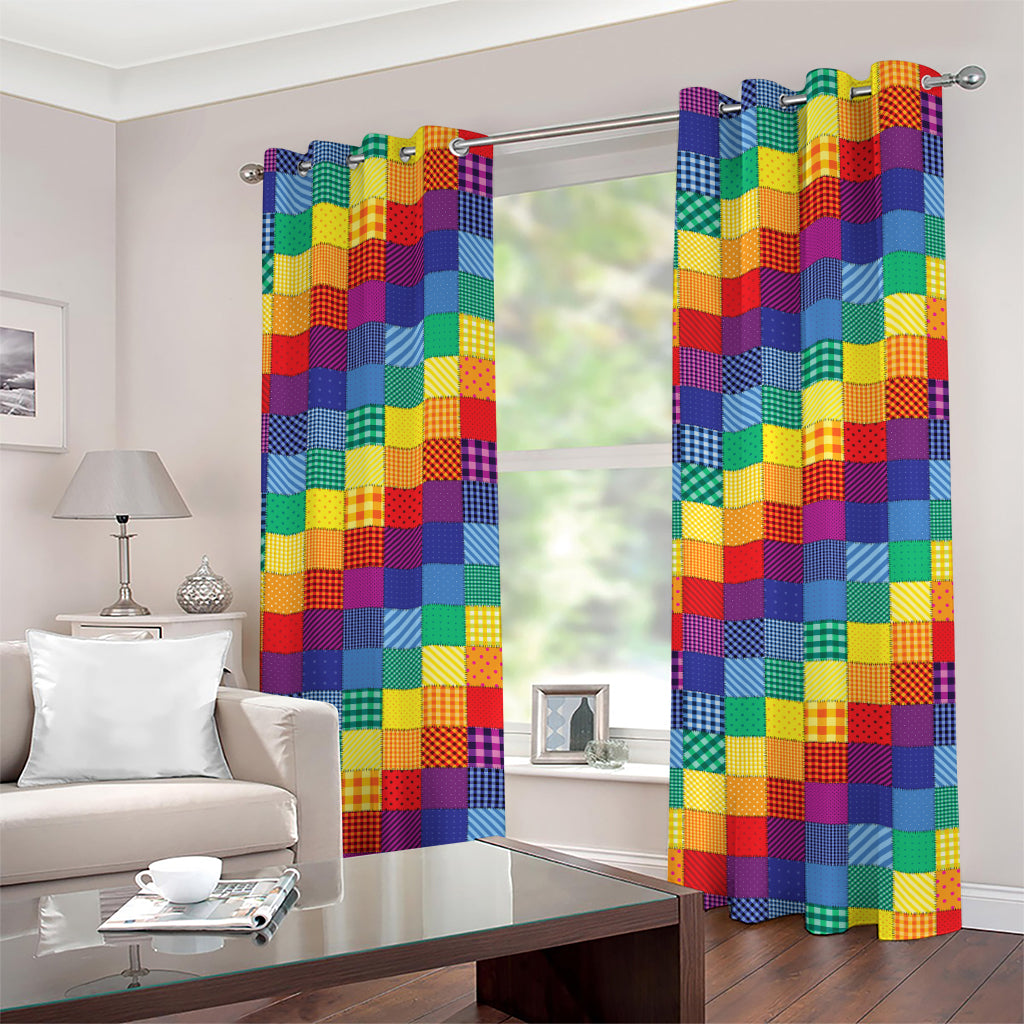 Rainbow Patchwork Pattern Print Grommet Curtains