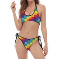 Rainbow Patchwork Pattern Print Halter Scoop Tie Side Bikini