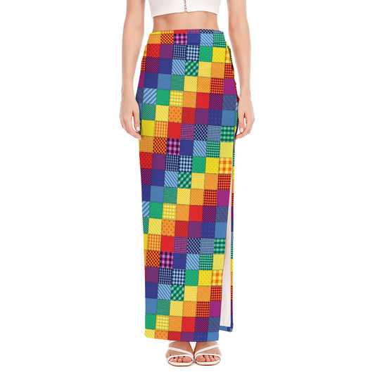 Rainbow Patchwork Pattern Print High Slit Maxi Skirt