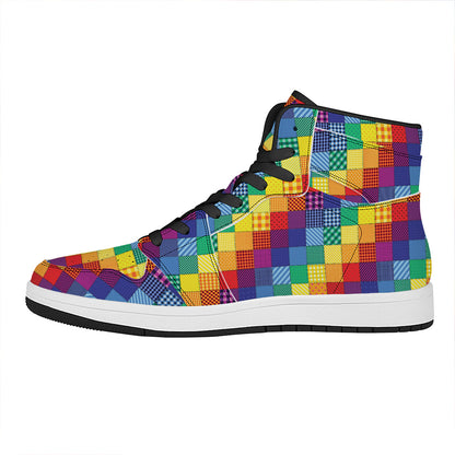 Rainbow Patchwork Pattern Print High Top Leather Sneakers