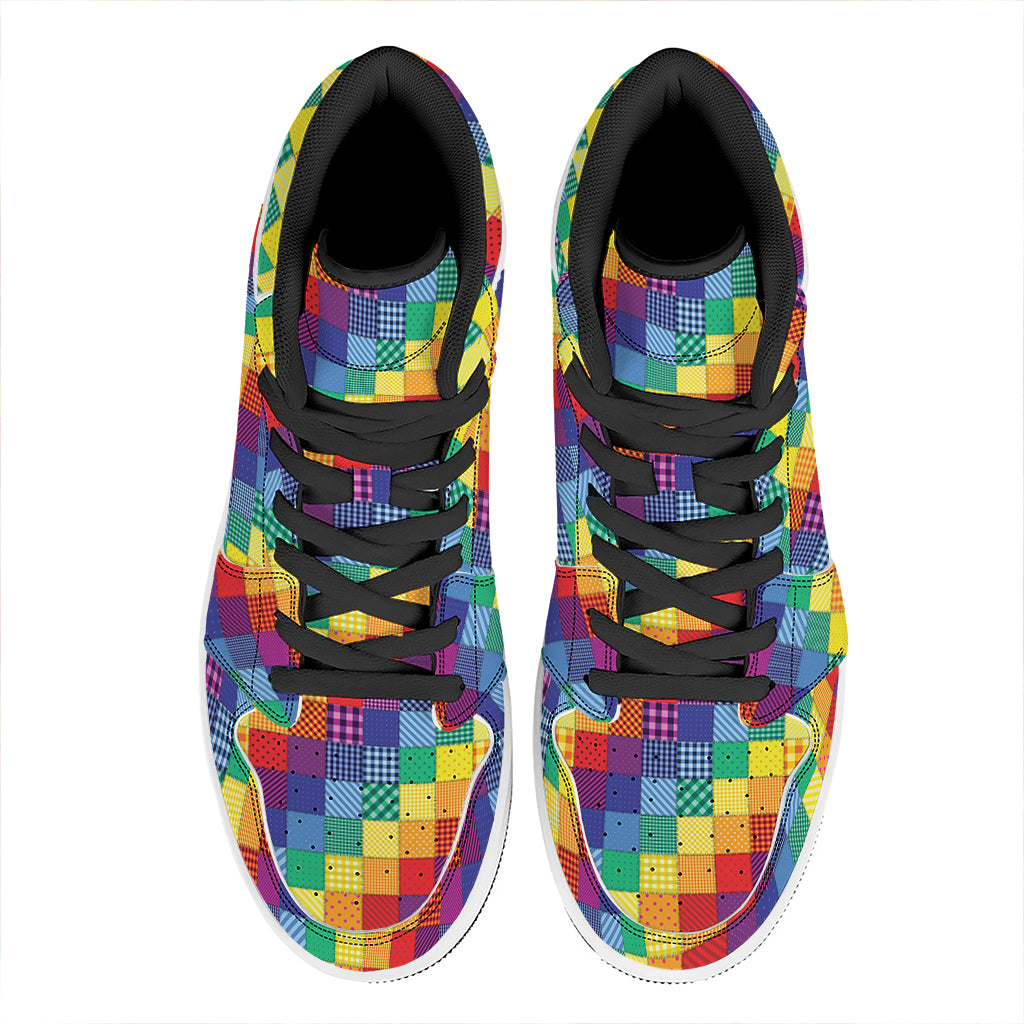 Rainbow Patchwork Pattern Print High Top Leather Sneakers
