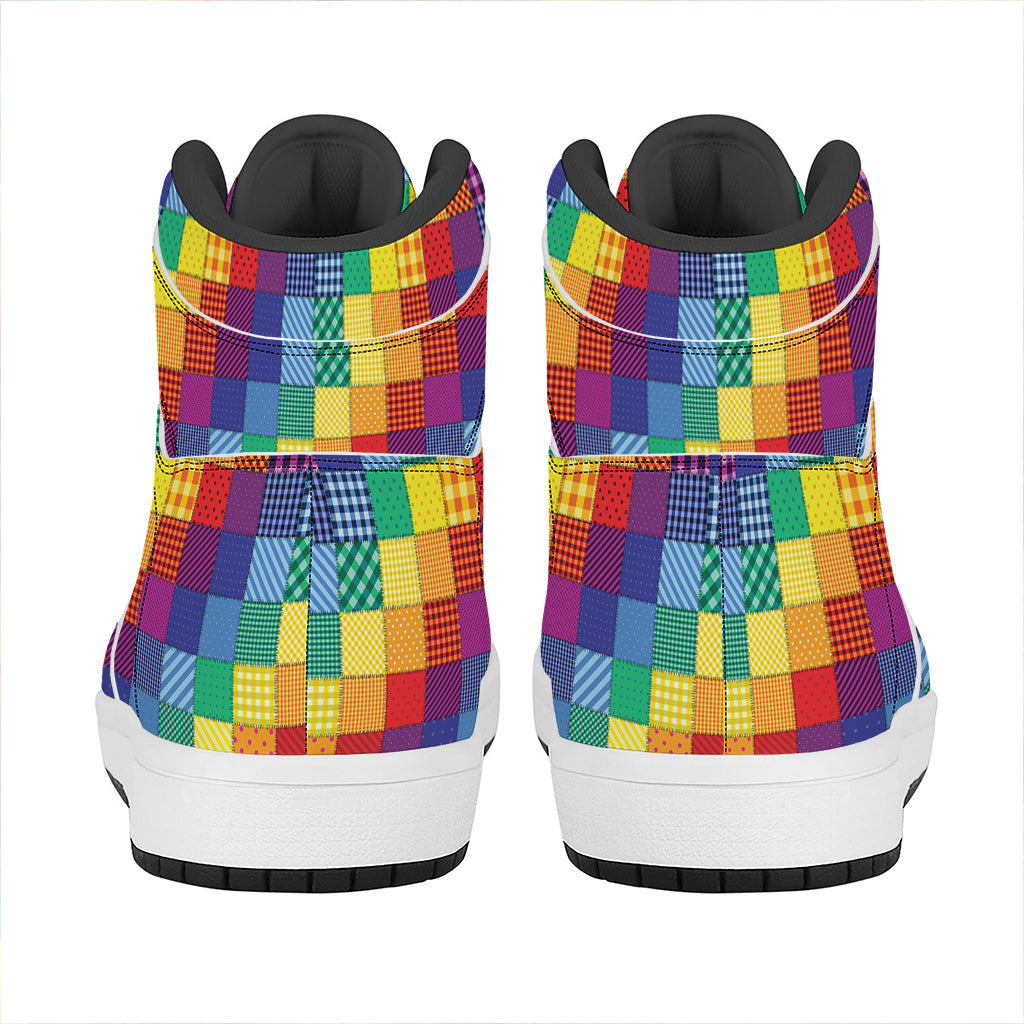 Rainbow Patchwork Pattern Print High Top Leather Sneakers