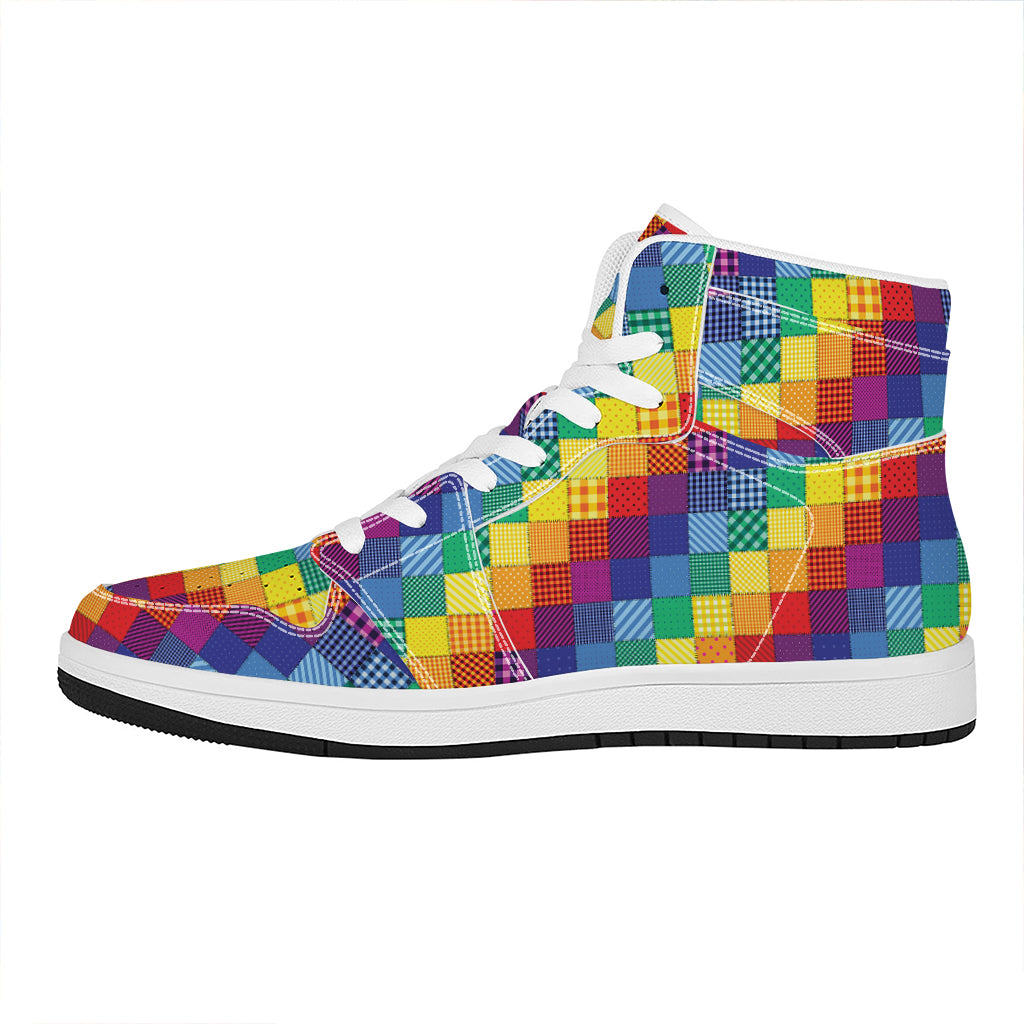 Rainbow Patchwork Pattern Print High Top Leather Sneakers