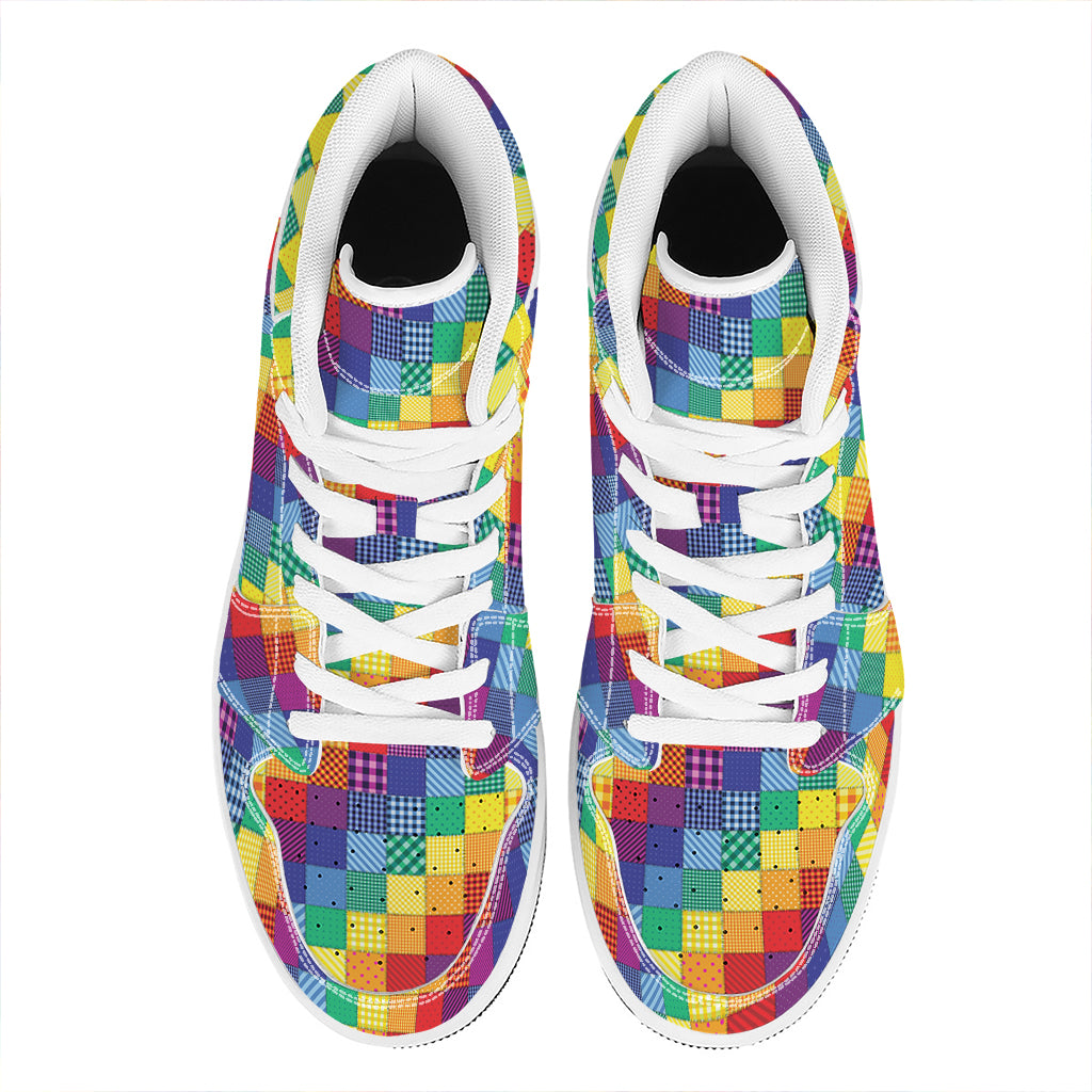 Rainbow Patchwork Pattern Print High Top Leather Sneakers