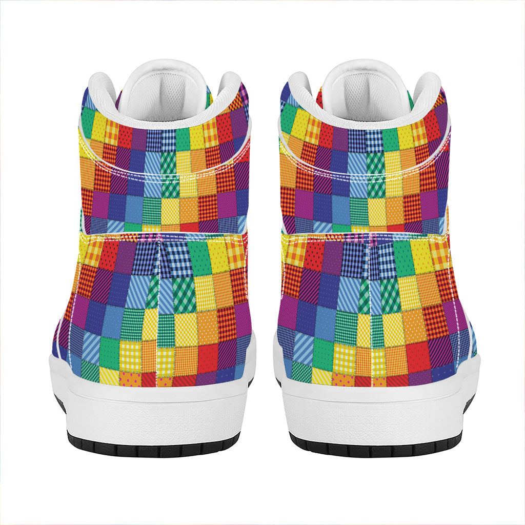 Rainbow Patchwork Pattern Print High Top Leather Sneakers
