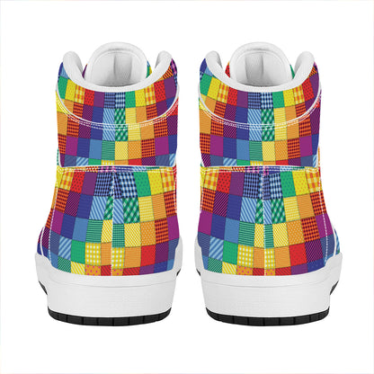 Rainbow Patchwork Pattern Print High Top Leather Sneakers