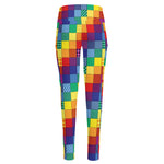 Rainbow Patchwork Pattern Print High-Waisted Pocket Leggings