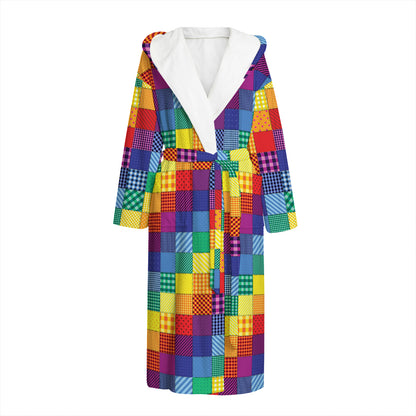 Rainbow Patchwork Pattern Print Hooded Bathrobe