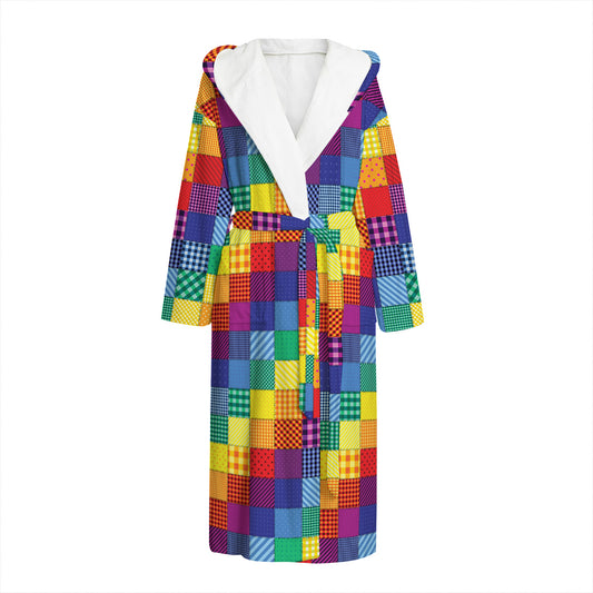 Rainbow Patchwork Pattern Print Hooded Bathrobe