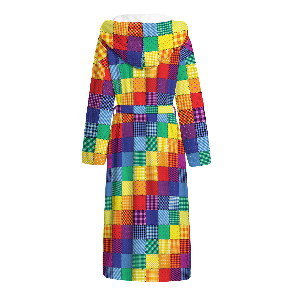 Rainbow Patchwork Pattern Print Hooded Bathrobe