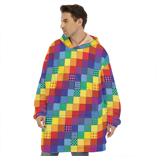 Rainbow Patchwork Pattern Print Hoodie Blanket