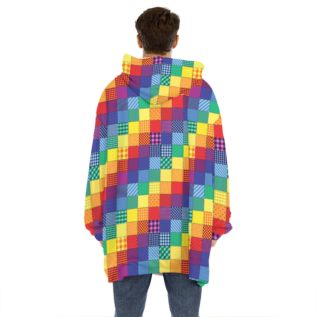 Rainbow Patchwork Pattern Print Hoodie Blanket