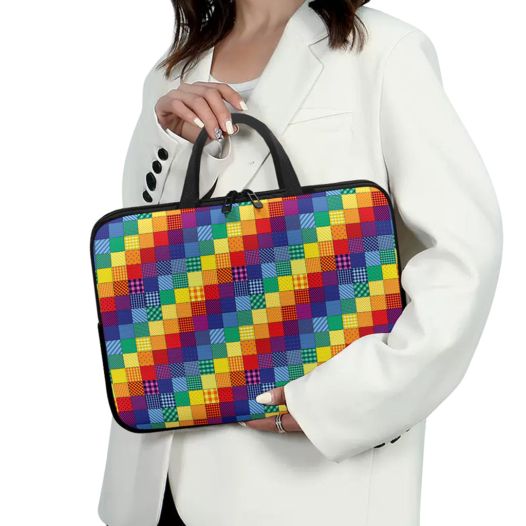 Rainbow Patchwork Pattern Print Laptop Sleeve With Handle