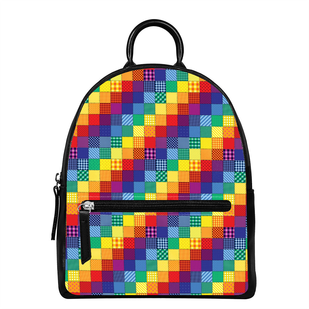 Rainbow Patchwork Pattern Print Leather Backpack