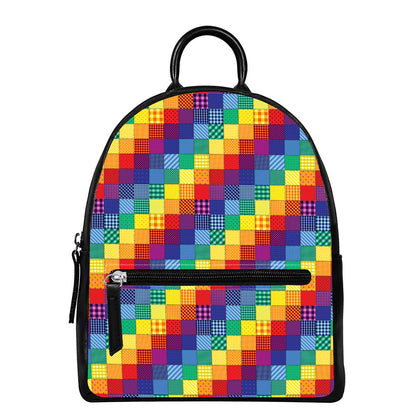 Rainbow Patchwork Pattern Print Leather Backpack