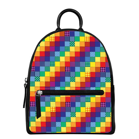 Rainbow Patchwork Pattern Print Leather Backpack
