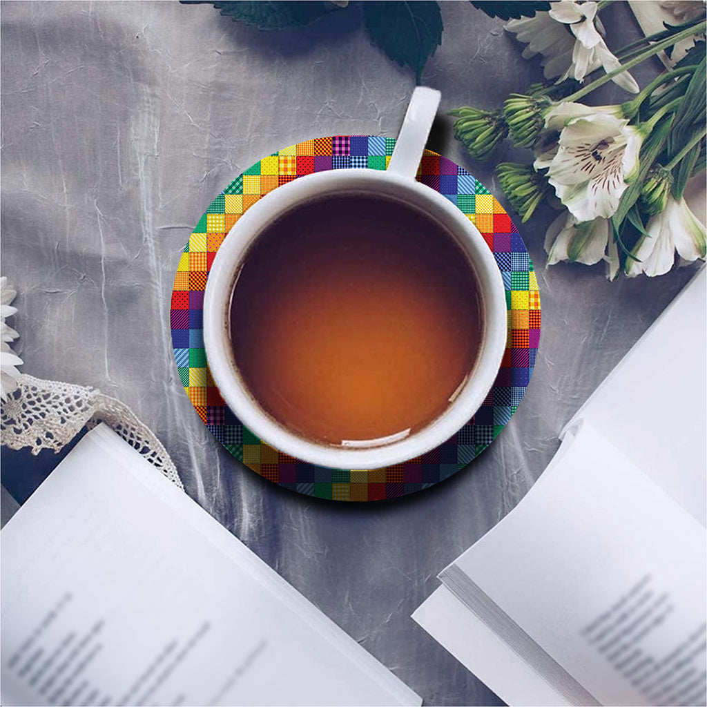 Rainbow Patchwork Pattern Print Leather Coaster Set