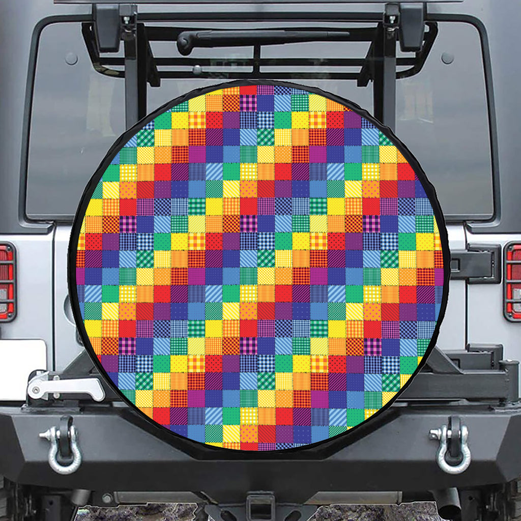 Rainbow Patchwork Pattern Print Leather Spare Tire Cover