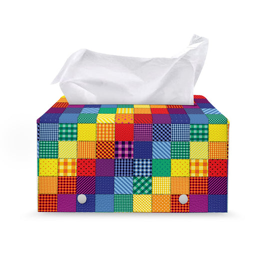 Rainbow Patchwork Pattern Print Leather Tissue Box Cover