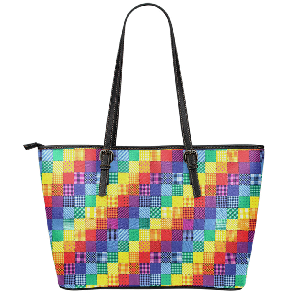Rainbow Patchwork Pattern Print Leather Tote Bag
