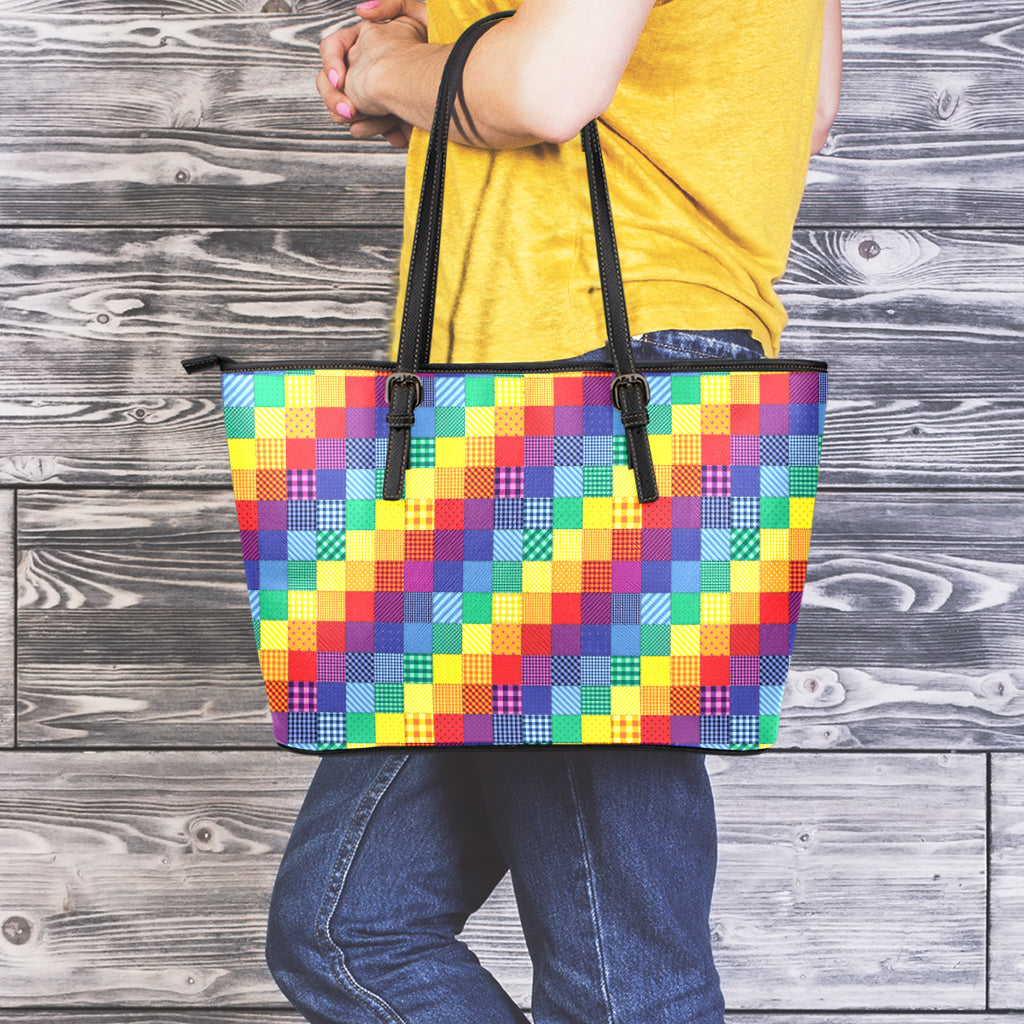 Rainbow Patchwork Pattern Print Leather Tote Bag