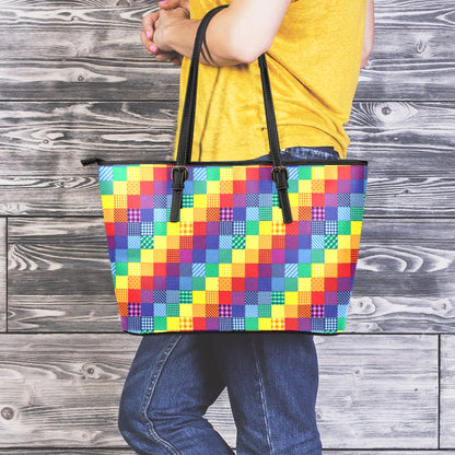 Rainbow Patchwork Pattern Print Leather Tote Bag