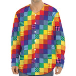 Rainbow Patchwork Pattern Print Long Sleeve Baseball Jersey