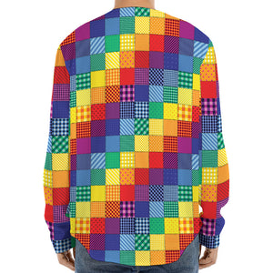 Rainbow Patchwork Pattern Print Long Sleeve Baseball Jersey