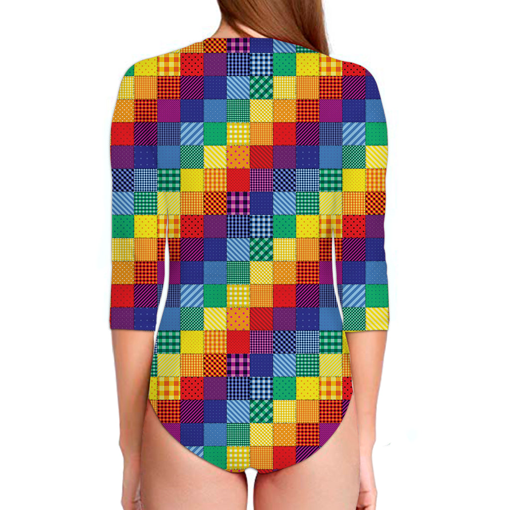 Rainbow Patchwork Pattern Print Long Sleeve Swimsuit