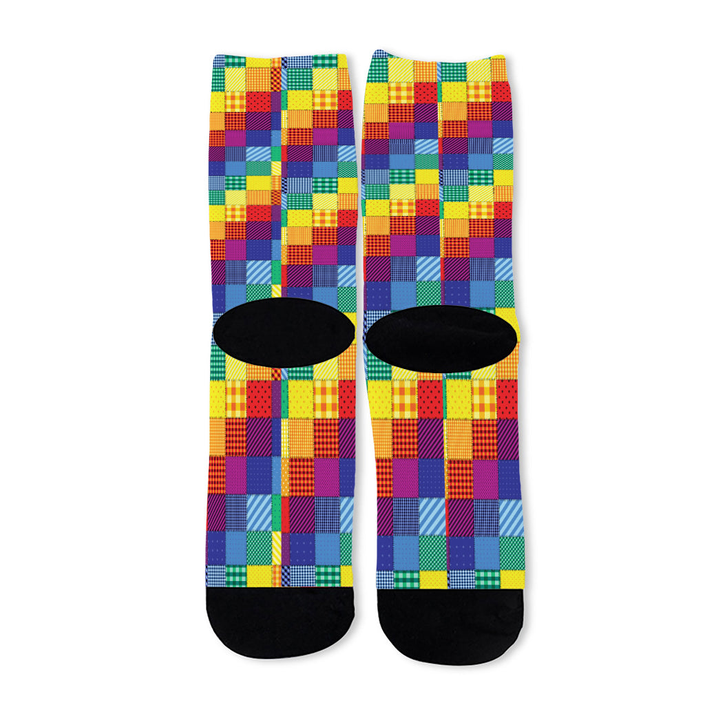 Rainbow Patchwork Pattern Print Long Socks