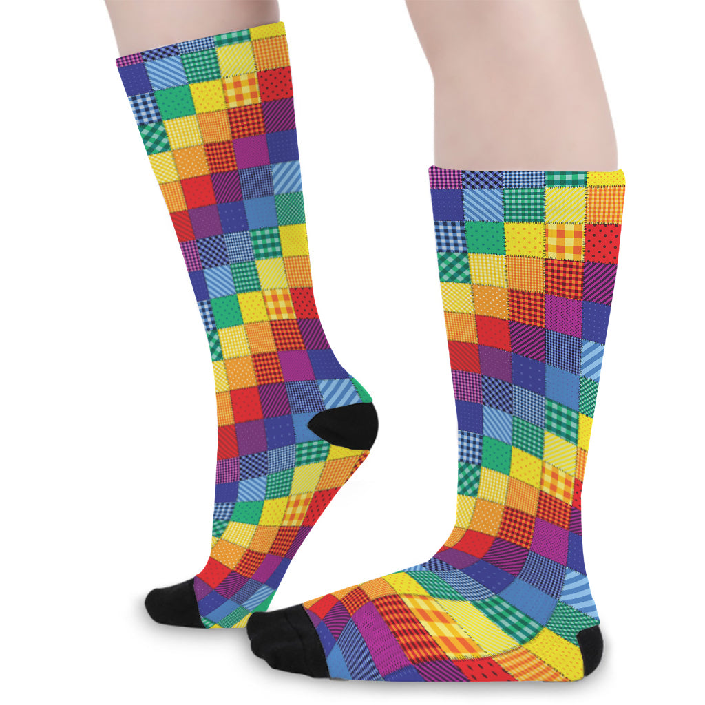 Rainbow Patchwork Pattern Print Long Socks