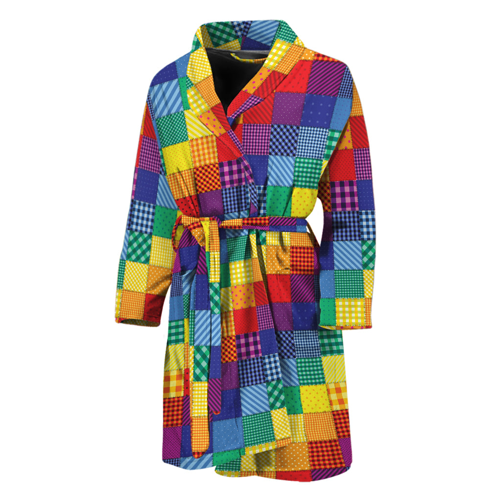 Rainbow Patchwork Pattern Print Men's Bathrobe