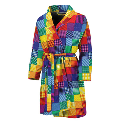 Rainbow Patchwork Pattern Print Men's Bathrobe
