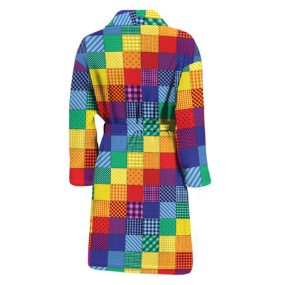 Rainbow Patchwork Pattern Print Men's Bathrobe