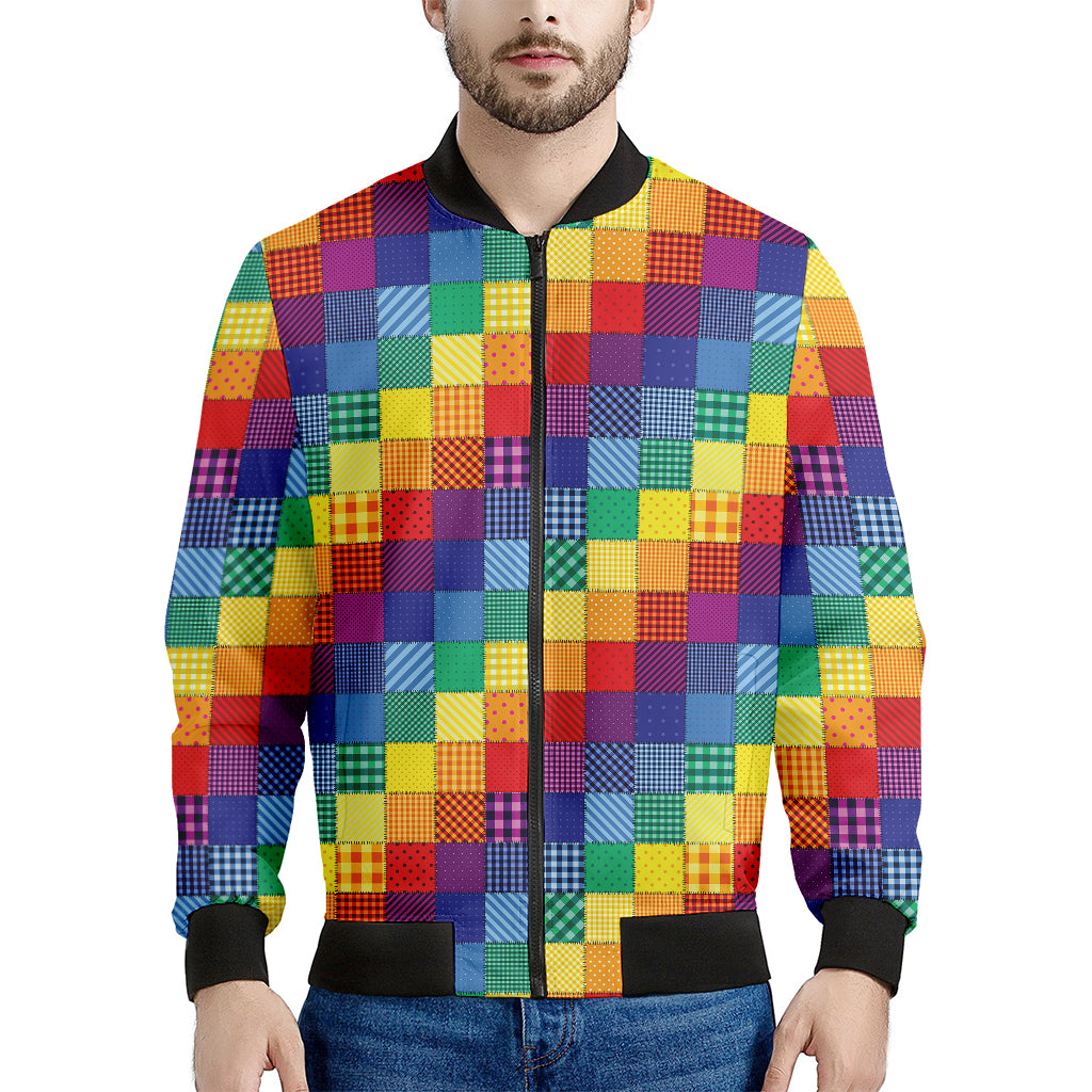 Rainbow Patchwork Pattern Print Men's Bomber Jacket